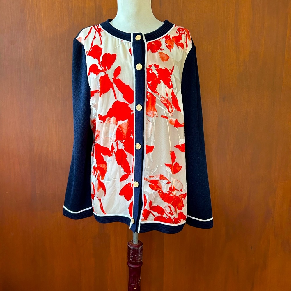 Misook Navy Cardigan with Red and White Floral Front